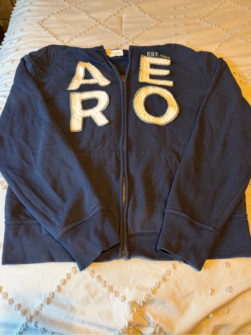 Vintage Y2K Aeropostale AERO Big Letter Applique Zip Up Hoodie Navy Large